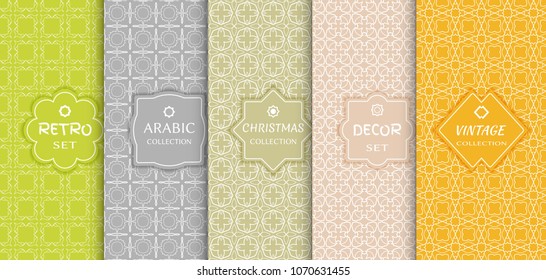 Set of seamless line patterns, colored background. Stylish decorative vintage, retro, arabic, christmas label decor set. Abstract geometric frame, vector illustration. Art Deco style, light colors