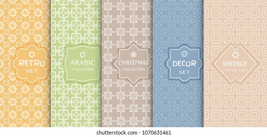 Set of seamless line patterns, colored background. Stylish decorative vintage, retro, arabic, christmas label decor set. Abstract geometric frame, vector illustration. Art Deco style, light colors
