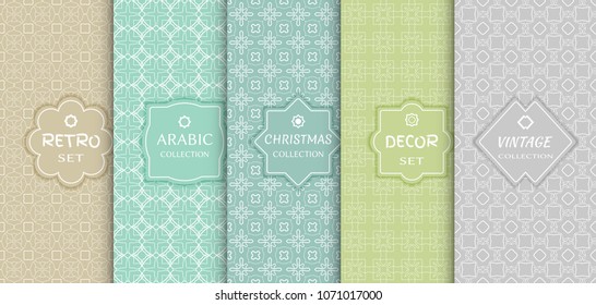 Set of seamless line patterns, colored background. Stylish decorative vintage, retro, arabic, christmas label decor set. Abstract geometric frame, vector illustration. Art Deco style, light colors