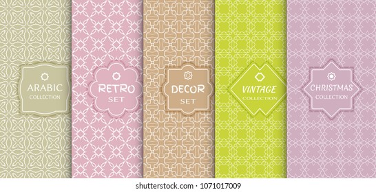 Set of seamless line patterns, colored background. Stylish decorative vintage, retro, arabic, christmas label decor set. Abstract geometric frame, vector illustration. Art Deco style, light colors