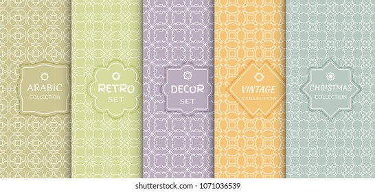 Set of seamless line patterns, colored background. Stylish decorative vintage, retro, arabic, christmas label decor set. Abstract geometric frame, vector illustration. Art Deco style, light colors