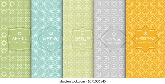 Set of seamless line patterns, colored background. Stylish decorative vintage, retro, arabic, christmas label decor set. Abstract geometric frame, vector illustration. Art Deco style, light colors