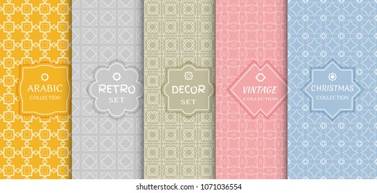 Set of seamless line patterns, colored background. Stylish decorative vintage, retro, arabic, christmas label decor set. Abstract geometric frame, vector illustration. Art Deco style, light colors