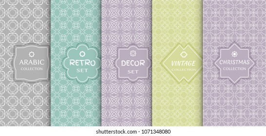 Set of seamless line patterns, colored background. Stylish decorative vintage, retro, arabic, christmas label decor set. Abstract geometric frame, vector illustration. Art Deco style, light colors