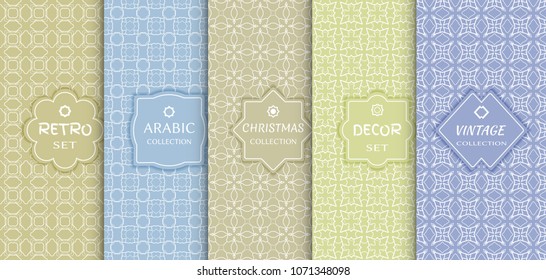 Set of seamless line patterns, colored background. Stylish decorative vintage, retro, arabic, christmas label decor set. Abstract geometric frame, vector illustration. Art Deco style, light colors
