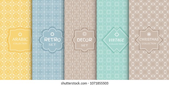 Set of seamless line patterns, colored background. Stylish decorative vintage, retro, arabic, christmas label decor set. Abstract geometric frame, vector illustration. Art Deco style, light colors