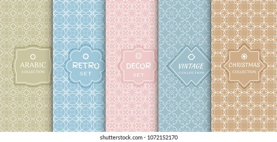 Set of seamless line patterns, colored background. Stylish decorative vintage, retro, arabic, christmas label decor set. Abstract geometric frame, vector illustration. Art Deco style, light colors