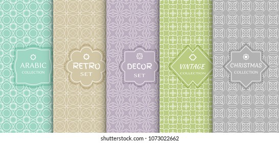 Set of seamless line patterns, colored background. Stylish decorative vintage, retro, arabic, christmas label decor set. Abstract geometric frame, vector illustration. Art Deco style, light colors