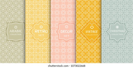 Set of seamless line patterns, colored background. Stylish decorative vintage, retro, arabic, christmas label decor set. Abstract geometric frame, vector illustration. Art Deco style, light colors