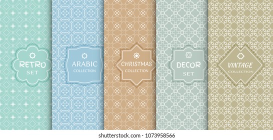 Set of seamless line patterns, colored background. Stylish decorative vintage, retro, arabic, christmas label decor set. Abstract geometric frame, vector illustration. Art Deco style, light colors