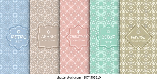 Set of seamless line patterns, colored background. Stylish decorative vintage, retro, arabic, christmas label decor set. Abstract geometric frame, vector illustration. Art Deco style, light colors