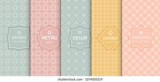 Set of seamless line patterns, colored background. Stylish decorative vintage, retro, arabic, christmas label decor set. Abstract geometric frame, vector illustration. Art Deco style, light colors