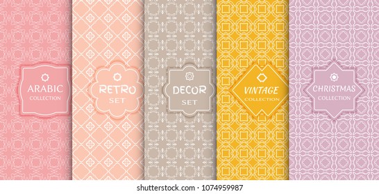 Set of seamless line patterns, colored background. Stylish decorative vintage, retro, arabic, christmas label decor set. Abstract geometric frame, vector illustration. Art Deco style, light colors