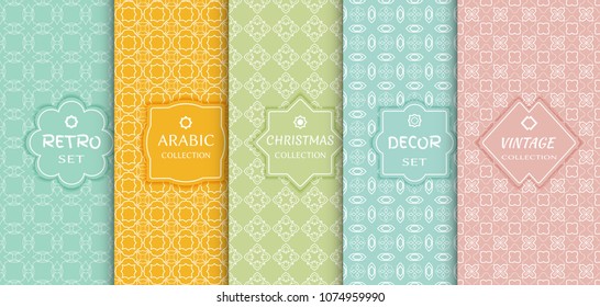 Set of seamless line patterns, colored background. Stylish decorative vintage, retro, arabic, christmas label decor set. Abstract geometric frame, vector illustration. Art Deco style, light colors