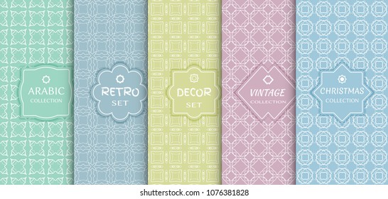 Set of seamless line patterns, colored background. Stylish decorative vintage, retro, arabic, christmas label decor set. Abstract geometric frame, vector illustration. Art Deco style, light colors