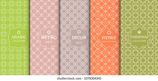 Set of seamless line patterns, colored background. Stylish decorative vintage, retro, arabic, christmas label decor set. Abstract geometric frame, vector illustration. Art Deco style, light colors