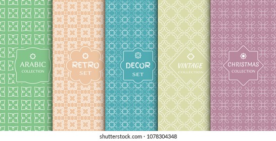 Set of seamless line patterns, colored background. Stylish decorative vintage, retro, arabic, christmas label decor set. Abstract geometric frame, vector illustration. Art Deco style, light colors