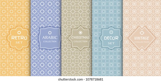 Set of seamless line patterns, colored background. Stylish decorative vintage, retro, arabic, christmas label decor set. Abstract geometric frame, vector illustration. Art Deco style, light colors