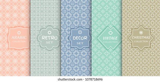 Set of seamless line patterns, colored background. Stylish decorative vintage, retro, arabic, christmas label decor set. Abstract geometric frame, vector illustration. Art Deco style, light colors