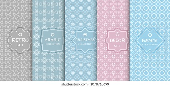 Set of seamless line patterns, colored background. Stylish decorative vintage, retro, arabic, christmas label decor set. Abstract geometric frame, vector illustration. Art Deco style, light colors