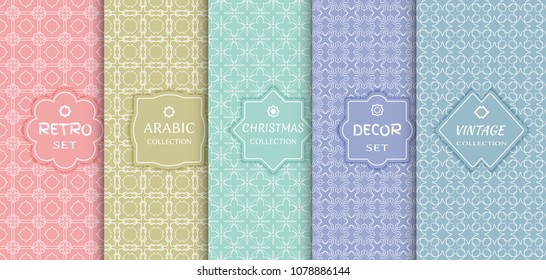 Set of seamless line patterns, colored background. Stylish decorative vintage, retro, arabic, christmas label decor set. Abstract geometric frame, vector illustration. Art Deco style, light colors