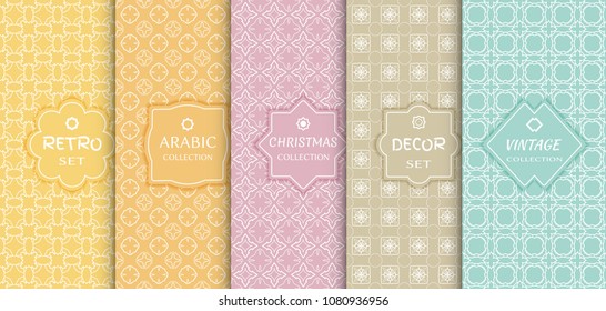 Set of seamless line patterns, colored background. Stylish decorative vintage, retro, arabic, christmas label decor set. Abstract geometric frame, vector illustration. Art Deco style, light colors