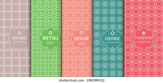 Set of seamless line patterns, colored background. Stylish decorative vintage, retro, arabic, christmas label decor set. Abstract geometric frame, vector illustration. Art Deco style, light colors