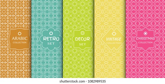 Set of seamless line patterns, colored background. Stylish decorative vintage, retro, arabic, christmas label decor set. Abstract geometric frame, vector illustration. Art Deco style, light colors