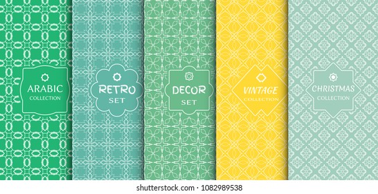Set of seamless line patterns, colored background. Stylish decorative vintage, retro, arabic, christmas label decor set. Abstract geometric frame, vector illustration. Art Deco style, light colors