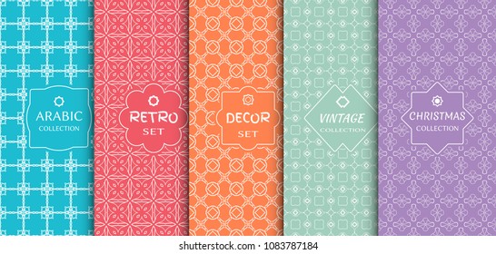 Set of seamless line patterns, colored background. Stylish decorative vintage, retro, arabic, christmas label decor set. Abstract geometric frame, vector illustration. Art Deco style, light colors