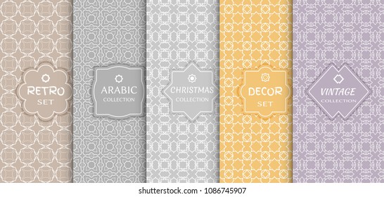 Set of seamless line patterns, colored background. Stylish decorative vintage, retro, arabic, christmas label decor set. Abstract geometric frame, vector illustration. Art Deco style, light colors