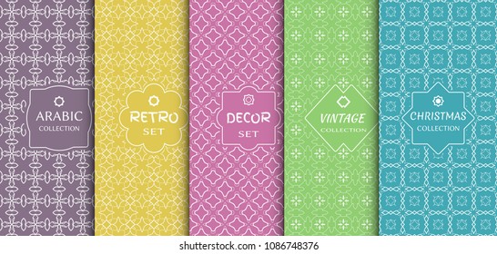 Set of seamless line patterns, colored background. Stylish decorative vintage, retro, arabic, christmas label decor set. Abstract geometric frame, vector illustration. Art Deco style, light colors