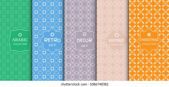 Set of seamless line patterns, colored background. Stylish decorative vintage, retro, arabic, christmas label decor set. Abstract geometric frame, vector illustration. Art Deco style, light colors