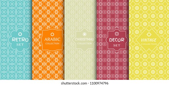 Set of seamless line patterns, colored background. Stylish decorative vintage, retro, arabic, christmas label decor set. Abstract geometric frame, vector illustration. Art Deco style, light colors