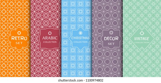 Set of seamless line patterns, colored background. Stylish decorative vintage, retro, arabic, christmas label decor set. Abstract geometric frame, vector illustration. Art Deco style, light colors