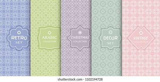 Set of seamless line patterns, colored background. Stylish decorative vintage, retro, arabic, christmas label decor set. Abstract geometric frame, vector illustration. Art Deco style, light colors