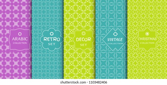 Set of seamless line patterns, colored background. Stylish decorative vintage, retro, arabic, christmas label decor set. Abstract geometric frame, vector illustration. Art Deco style, light colors
