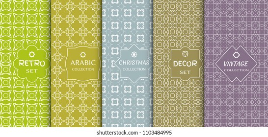 Set of seamless line patterns, colored background. Stylish decorative vintage, retro, arabic, christmas label decor set. Abstract geometric frame, vector illustration. Art Deco style, light colors