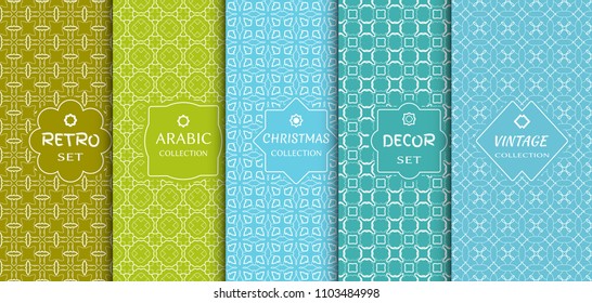 Set of seamless line patterns, colored background. Stylish decorative vintage, retro, arabic, christmas label decor set. Abstract geometric frame, vector illustration. Art Deco style, light colors