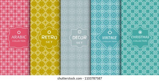 Set of seamless line patterns, colored background. Stylish decorative vintage, retro, arabic, christmas label decor set. Abstract geometric frame, vector illustration. Art Deco style, light colors