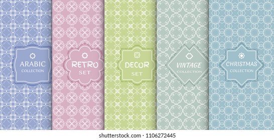 Set of seamless line patterns, colored background. Stylish decorative vintage, retro, arabic, christmas label decor set. Abstract geometric frame, vector illustration. Art Deco style, light colors