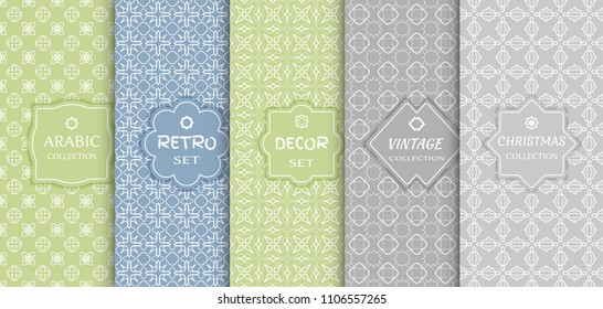 Set of seamless line patterns, colored background. Stylish decorative vintage, retro, arabic, christmas label decor set. Abstract geometric frame, vector illustration. Art Deco style, light colors