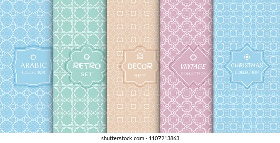 Set of seamless line patterns, colored background. Stylish decorative vintage, retro, arabic, christmas label decor set. Abstract geometric frame, vector illustration. Art Deco style, light colors