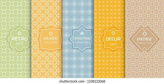 Set of seamless line patterns, colored background. Stylish decorative vintage, retro, arabic, christmas label decor set. Abstract geometric frame, vector illustration. Art Deco style, light colors