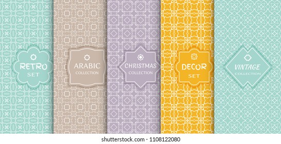 Set of seamless line patterns, colored background. Stylish decorative vintage, retro, arabic, christmas label decor set. Abstract geometric frame, vector illustration. Art Deco style, light colors