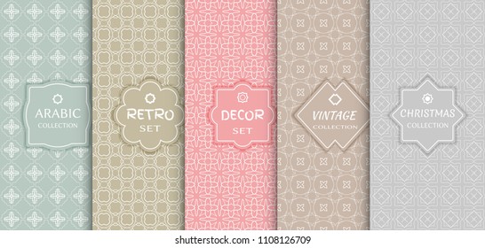 Set of seamless line patterns, colored background. Stylish decorative vintage, retro, arabic, christmas label decor set. Abstract geometric frame, vector illustration. Art Deco style, light colors