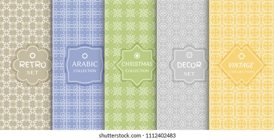 Set of seamless line patterns, colored background. Stylish decorative vintage, retro, arabic, christmas label decor set. Abstract geometric frame, vector illustration. Art Deco style, light colors