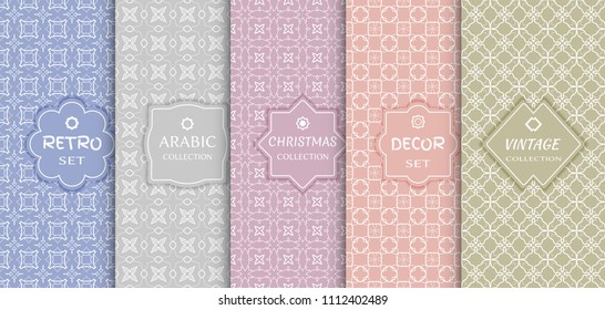 Set of seamless line patterns, colored background. Stylish decorative vintage, retro, arabic, christmas label decor set. Abstract geometric frame, vector illustration. Art Deco style, light colors