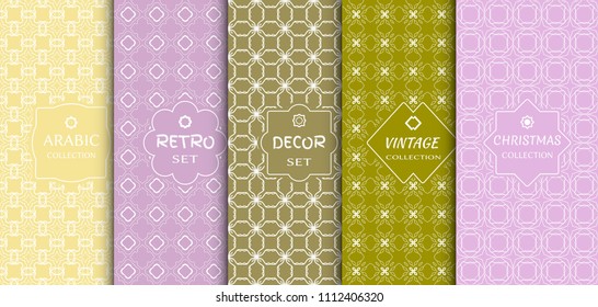 Set of seamless line patterns, colored background. Stylish decorative vintage, retro, arabic, christmas label decor set. Abstract geometric frame, vector illustration. Art Deco style, light colors
