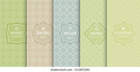 Set of seamless line patterns, colored background. Stylish decorative vintage, retro, arabic, christmas label decor set. Abstract geometric frame, vector illustration. Art Deco style, light colors
